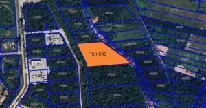 Aerial photo of Plot 649 – 181,739 sqft freehold industrial land for sale in Sungai Petani, Kedah. Located near Eastern Bypass and surrounded by industrial, commercial, and residential zones.