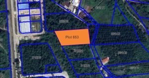 Aerial view of Plot 653 – 75,057 sqft freehold industrial land in Sungai Petani, Kedah. Surrounded by commercial and residential areas, with access to Eastern Bypass and PLUS Highway
